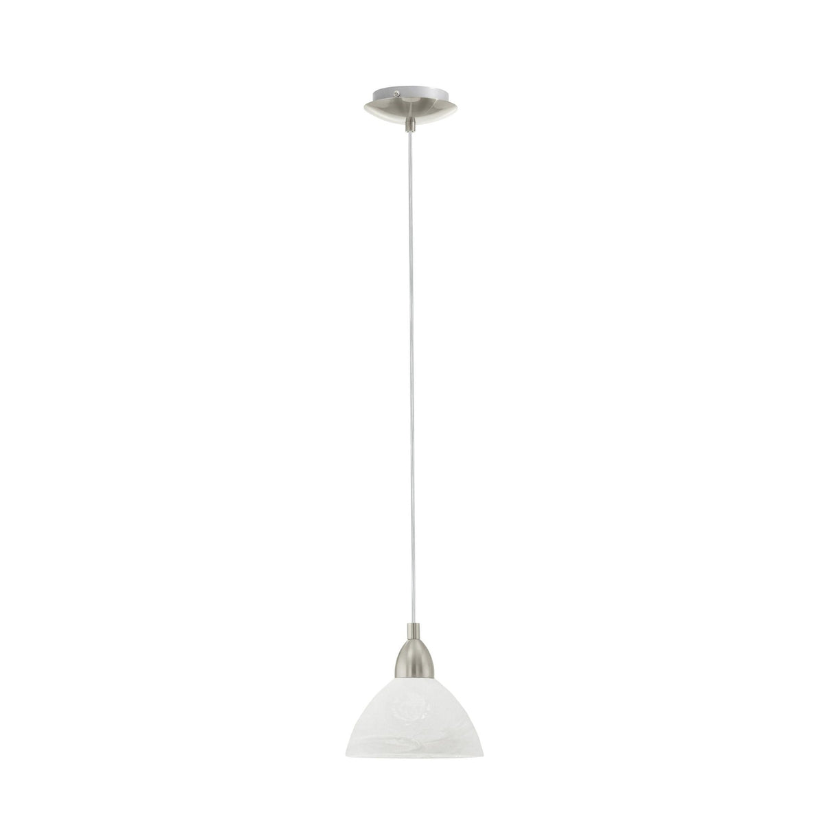 Suspension vue de face, câble fin et coupelle nickel, abat-jour blanc en albâtre