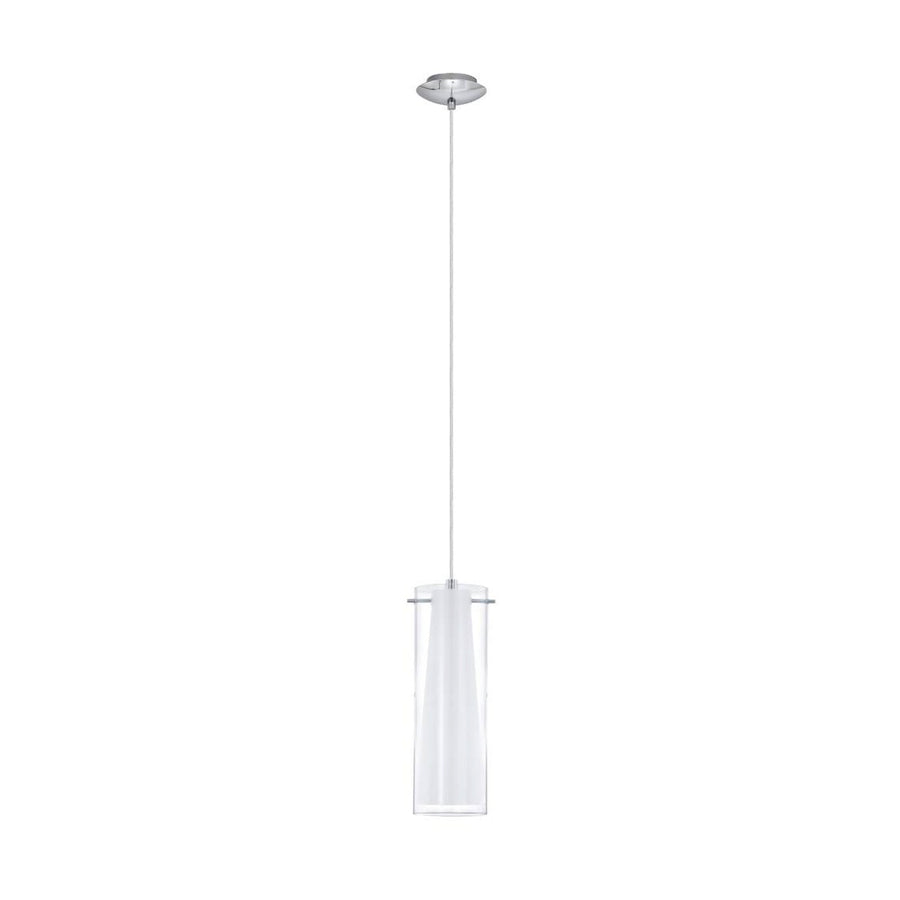Suspension chromée à double cylindre de verre, vue de face sur fond blanc
