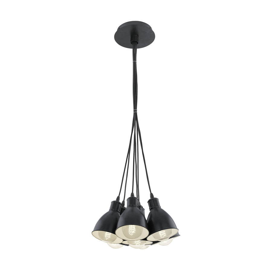 Suspension noire à plusieurs abat-jours coniques avec intérieur blanc et câbles noirs.