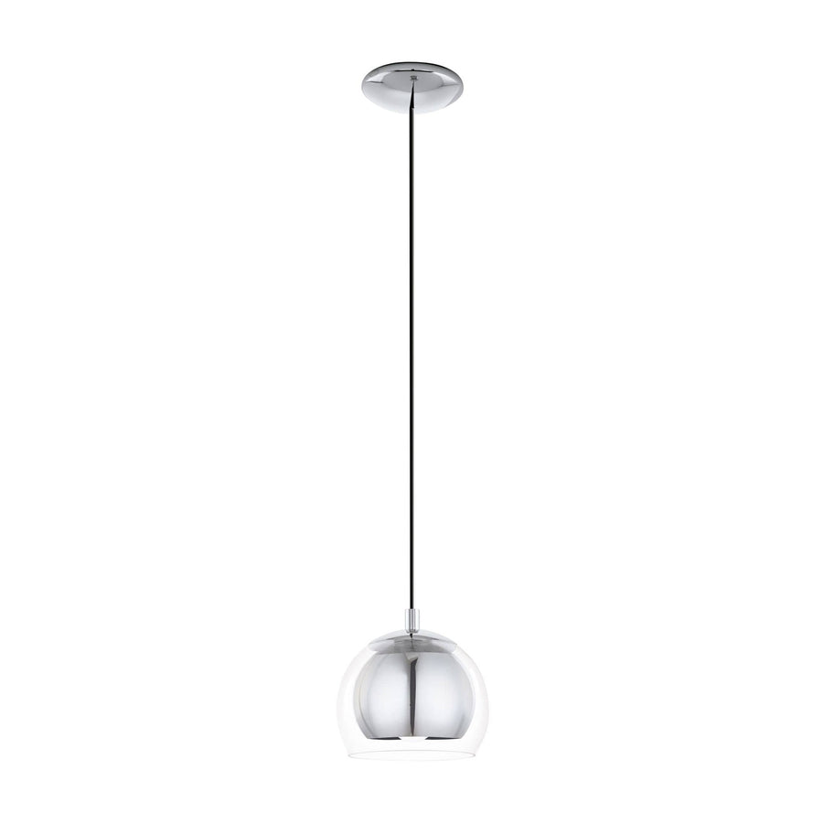 Suspension boule de verre transparent et chrome, vue de face sur fond blanc