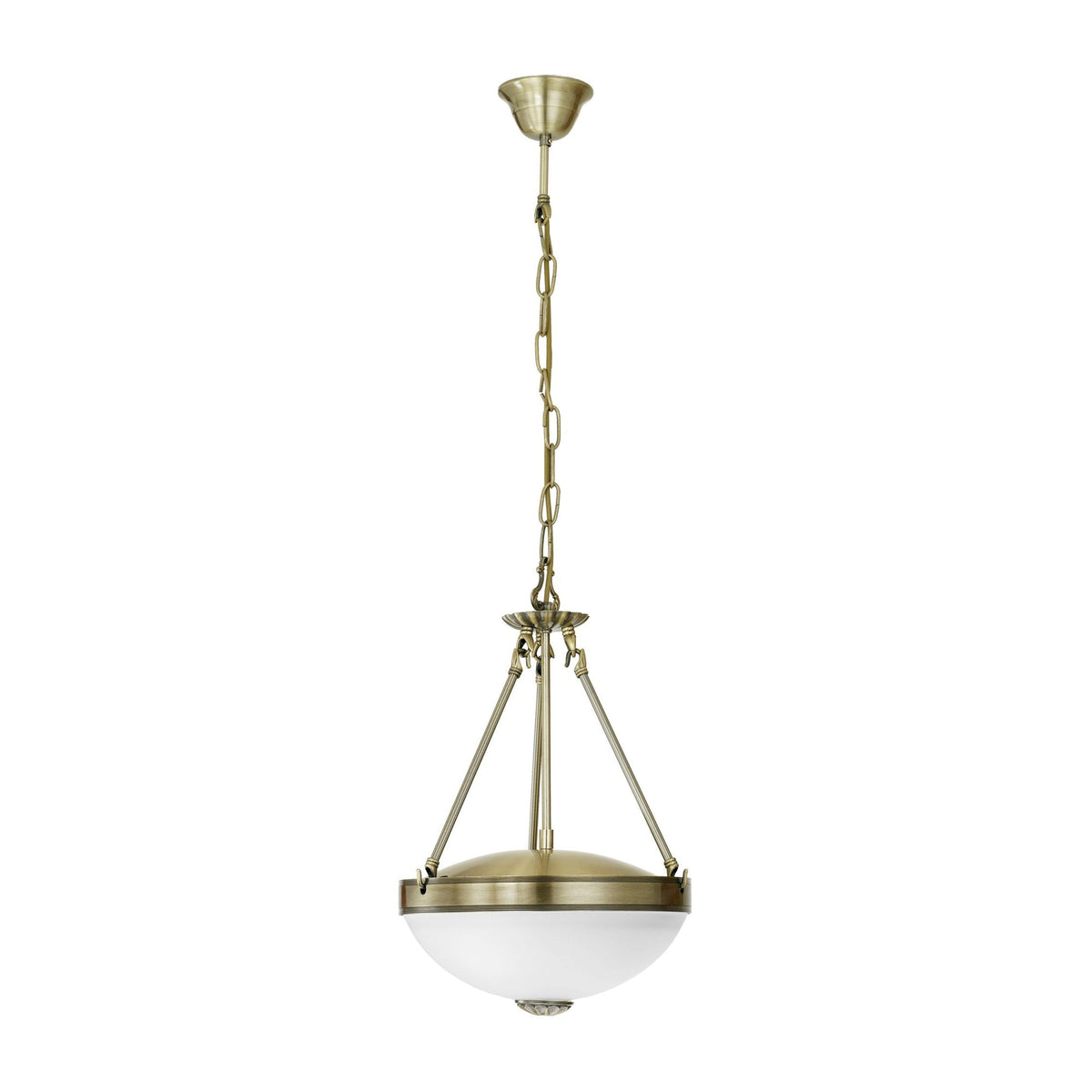 Suspension en laiton vieilli avec vasque en verre blanc, vue de face sur fond blanc