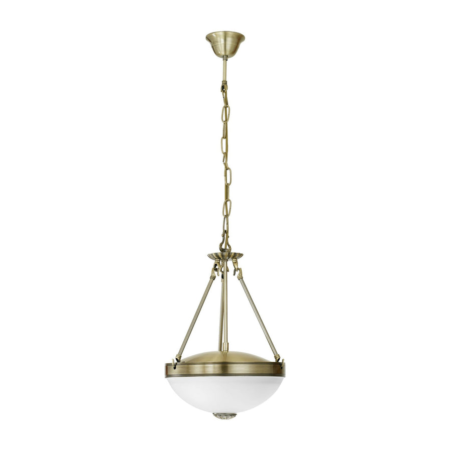 Suspension en laiton vieilli avec vasque en verre blanc, vue de face sur fond blanc