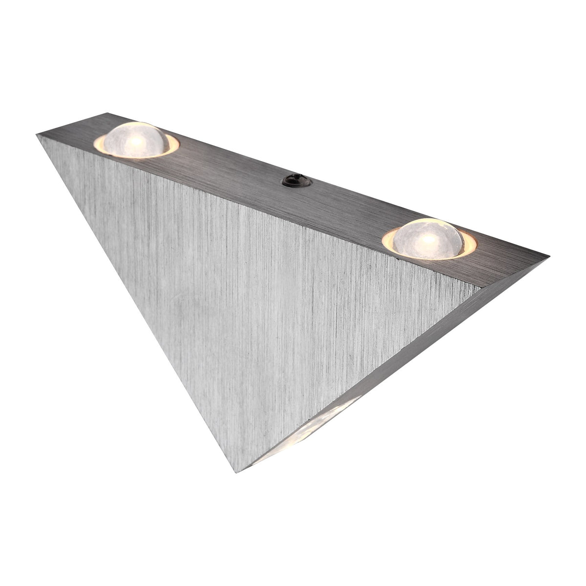Vue de trois quarts du luminaire mural en aluminium brossé avec deux diffuseurs en verre.
