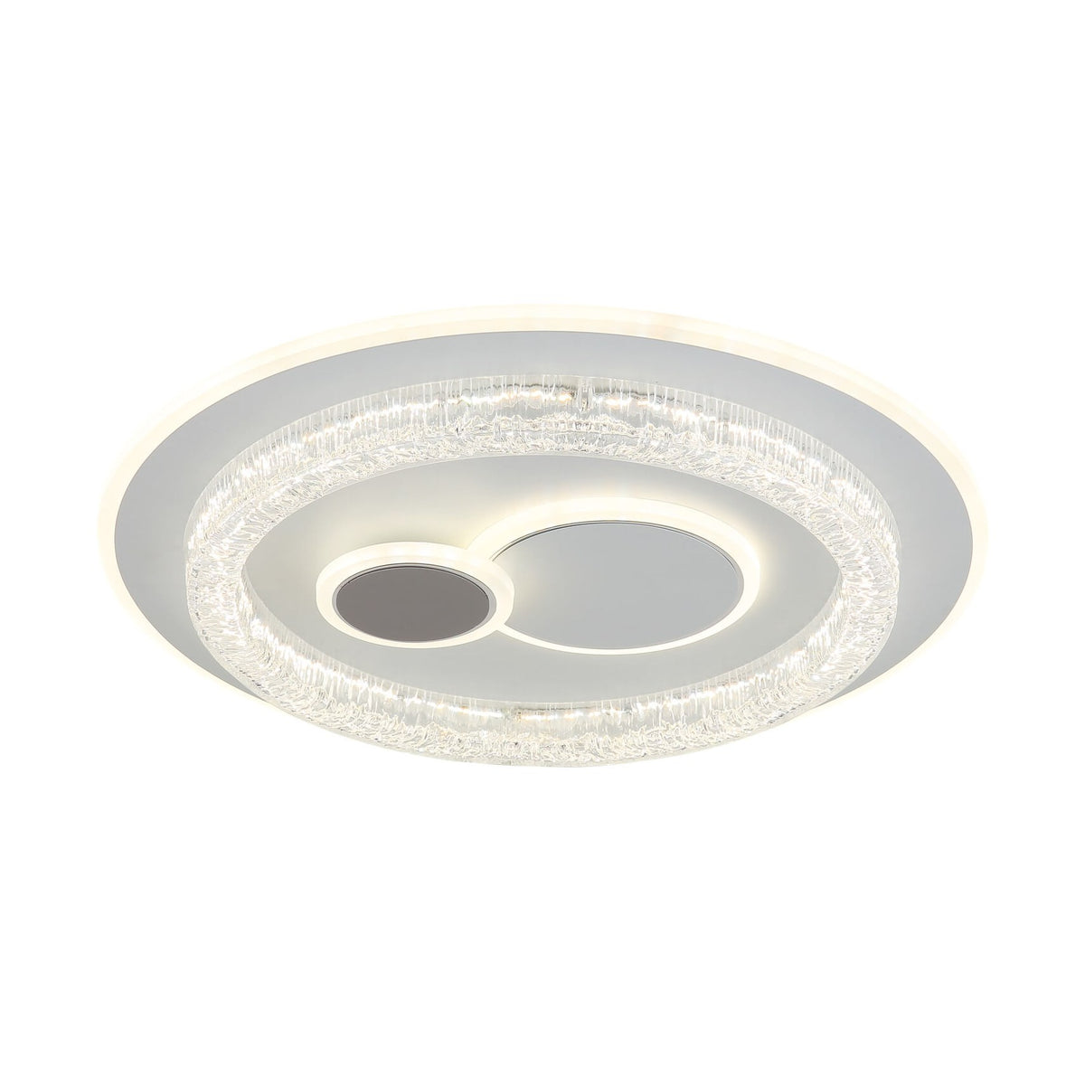 Vue de face du plafonnier rond blanc mat avec anneau en verre texturé