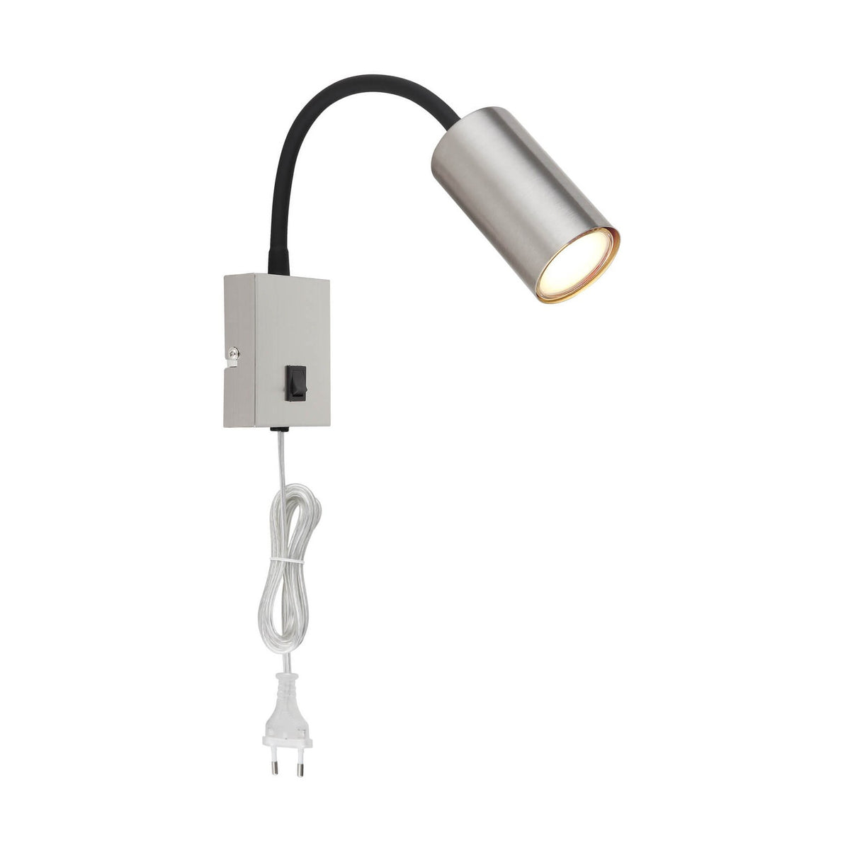 Applique murale nickel satiné, bras flexible noir et interrupteur, vue de face sur fond blanc