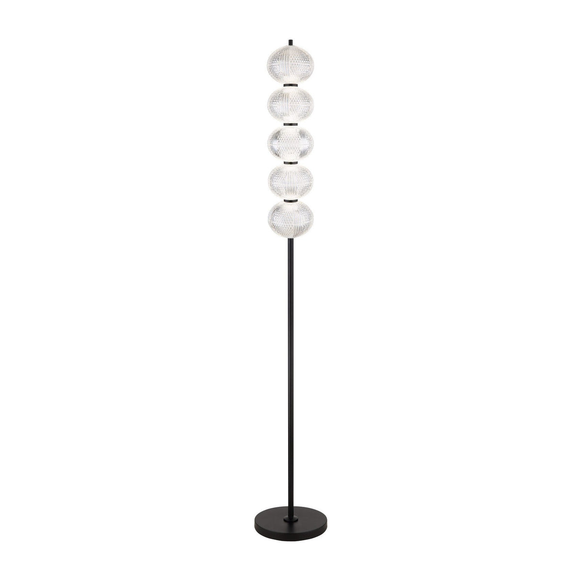 Lampadaire noir mat de face, cinq globes de verre texturé empilés sur tige fine