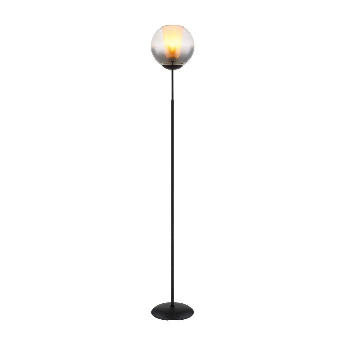 Lampadaire noir mat de face, globe de verre fumé et tige fine sur fond blanc