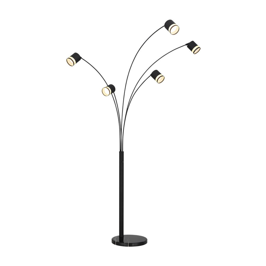 Lampadaire noir mat à cinq bras courbes, têtes cylindriques orientables, vue de face sur fond blanc.