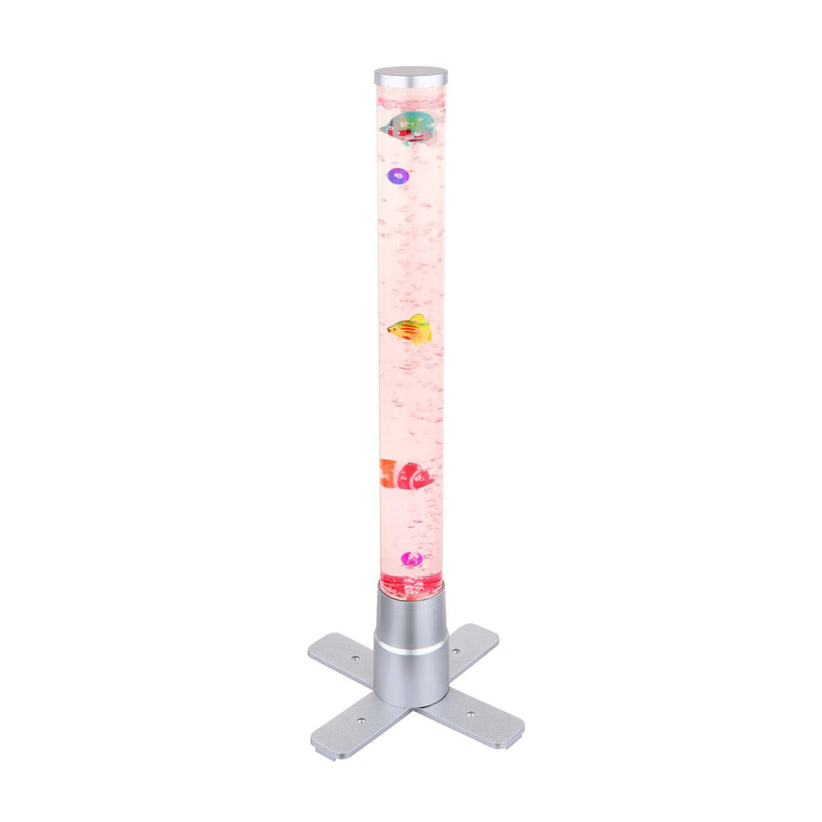 Lampadaire colonne transparente à bulles roses et poissons, vue de face sur fond blanc