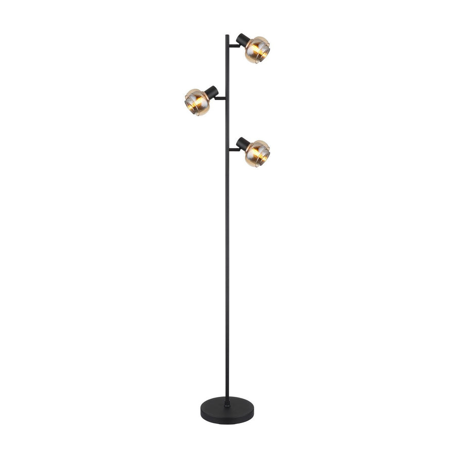 Lampadaire noir mat à trois spots orientables avec base ronde, vue de face sur fond blanc.