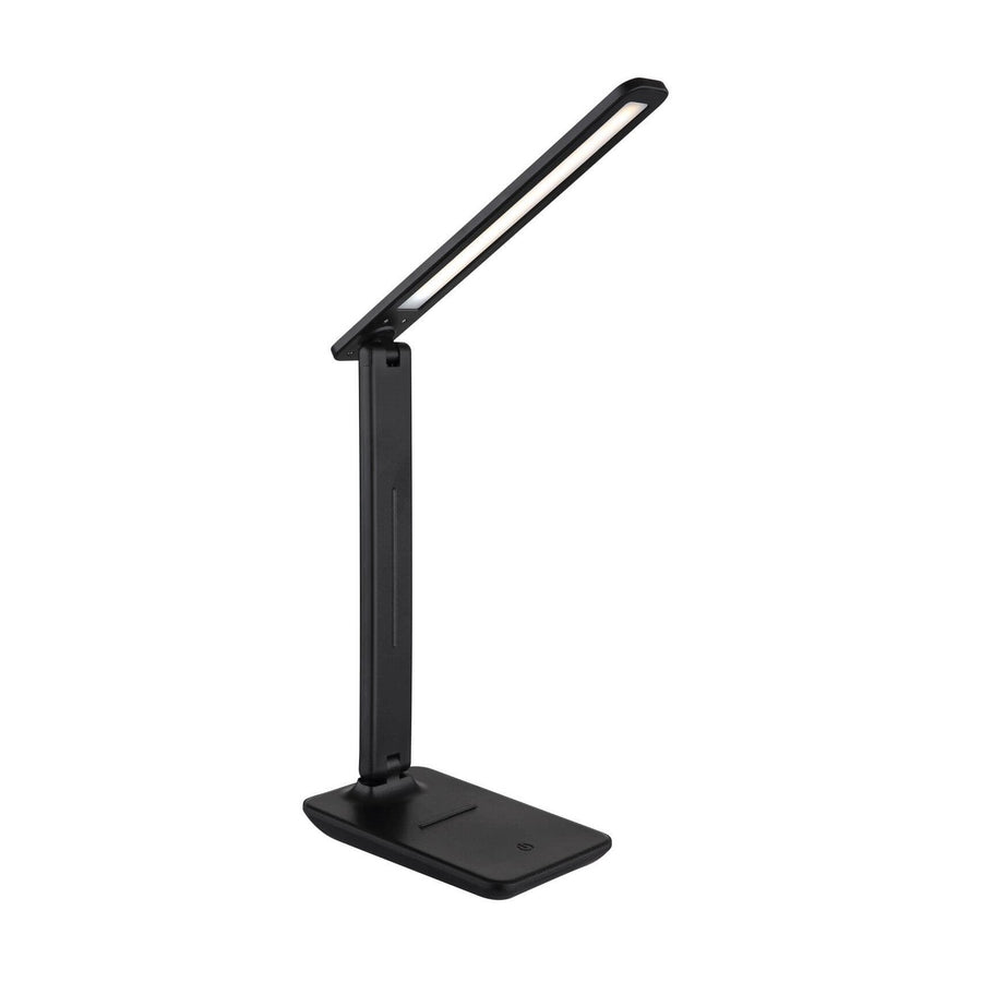 Lampe de bureau noire mat, tête fine inclinée et socle plat rectangulaire.