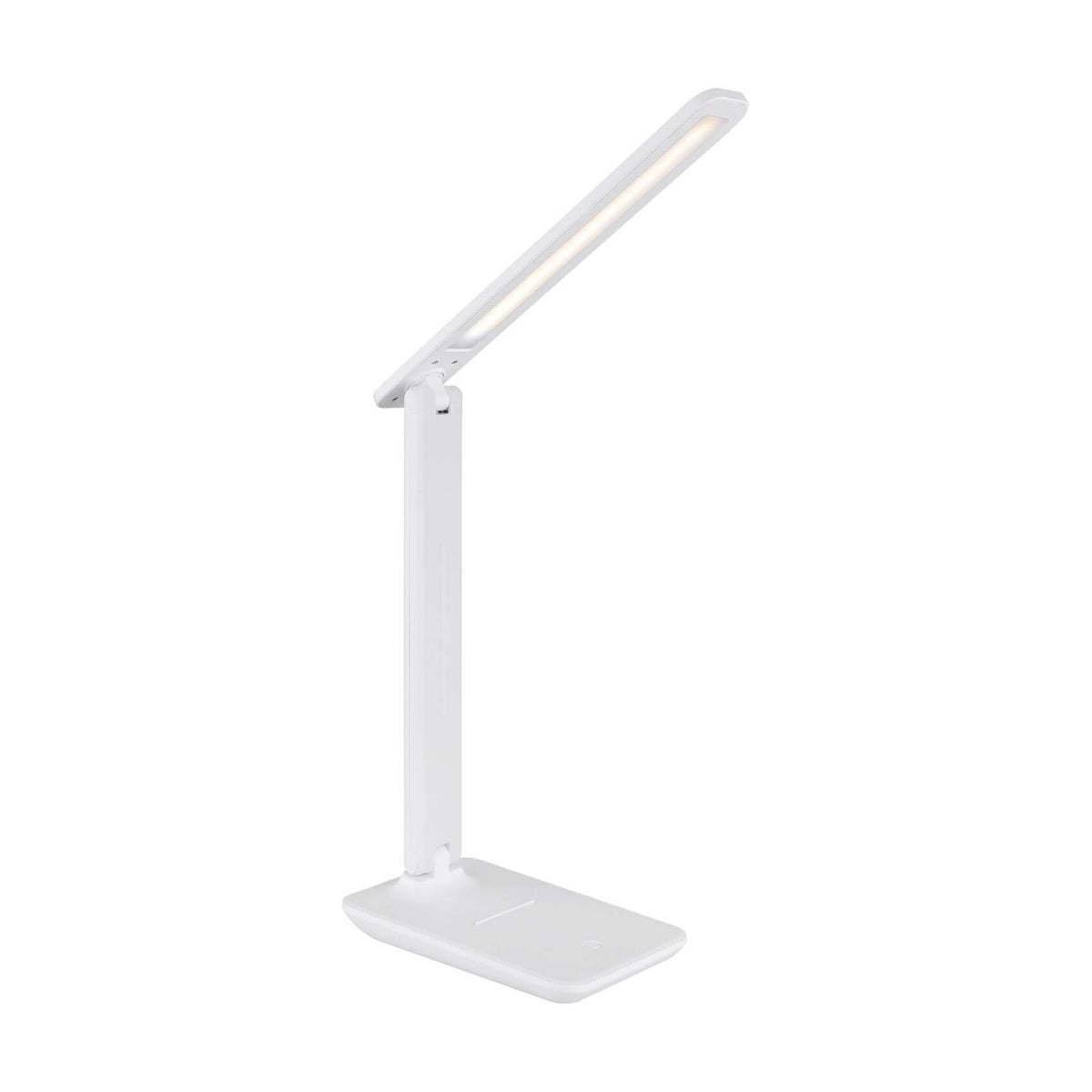 Lampe de bureau blanche vue de trois quarts, tête inclinée vers le haut
