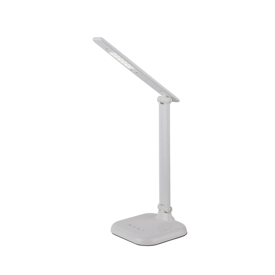 Lampe de bureau blanche vue de trois quarts, tête inclinée et socle arrondi
