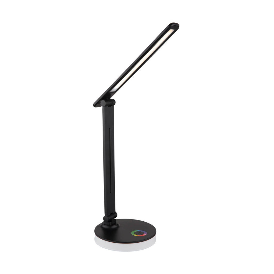 Lampe de bureau noire mate vue de trois quarts, bras articulé et tête LED inclinée