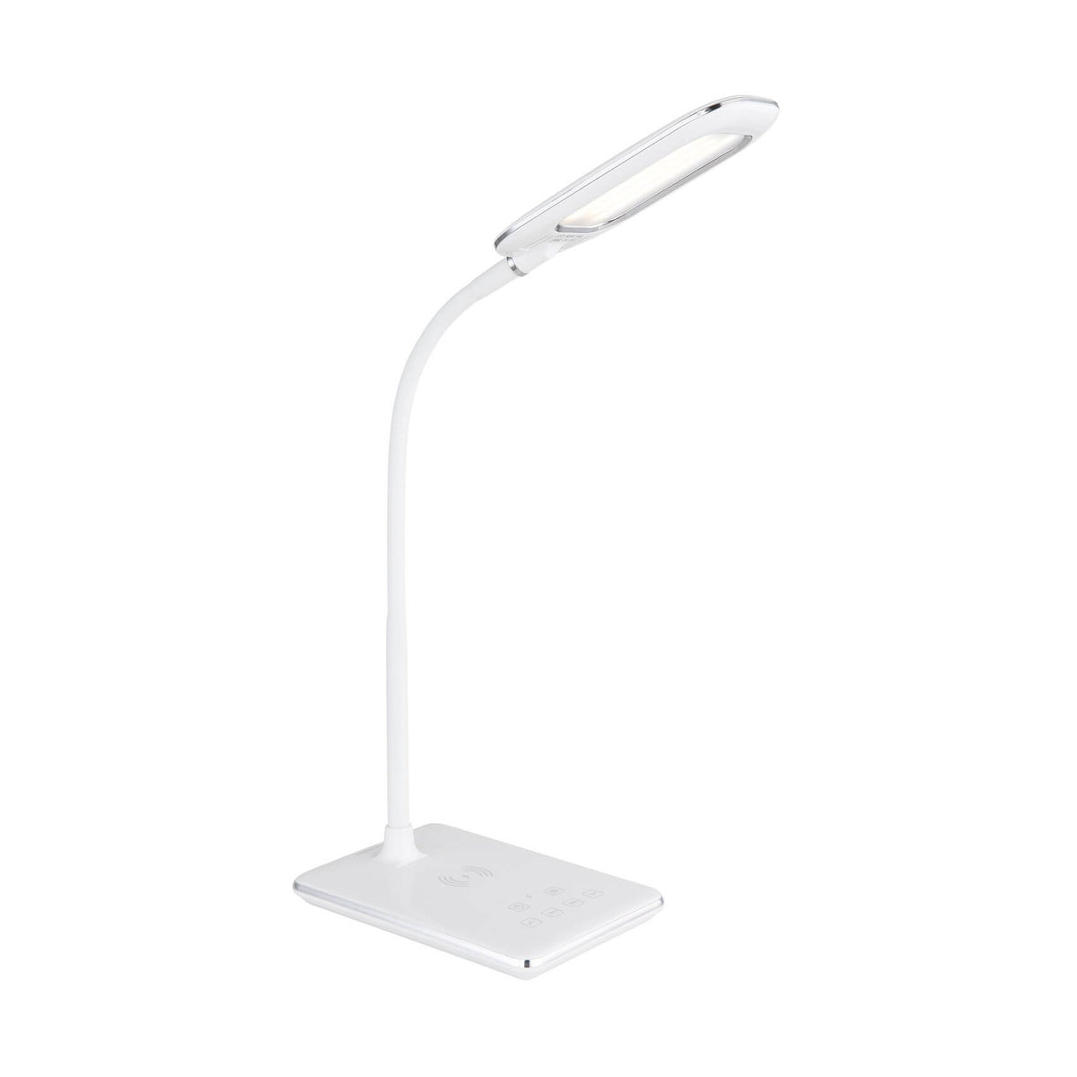 Lampe de bureau blanche vue de trois quarts, tête plate inclinée vers le bas