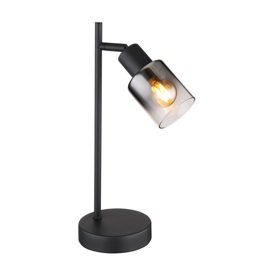 Lampe de table noire mat de face, abat-jour cylindrique en verre fumé incliné