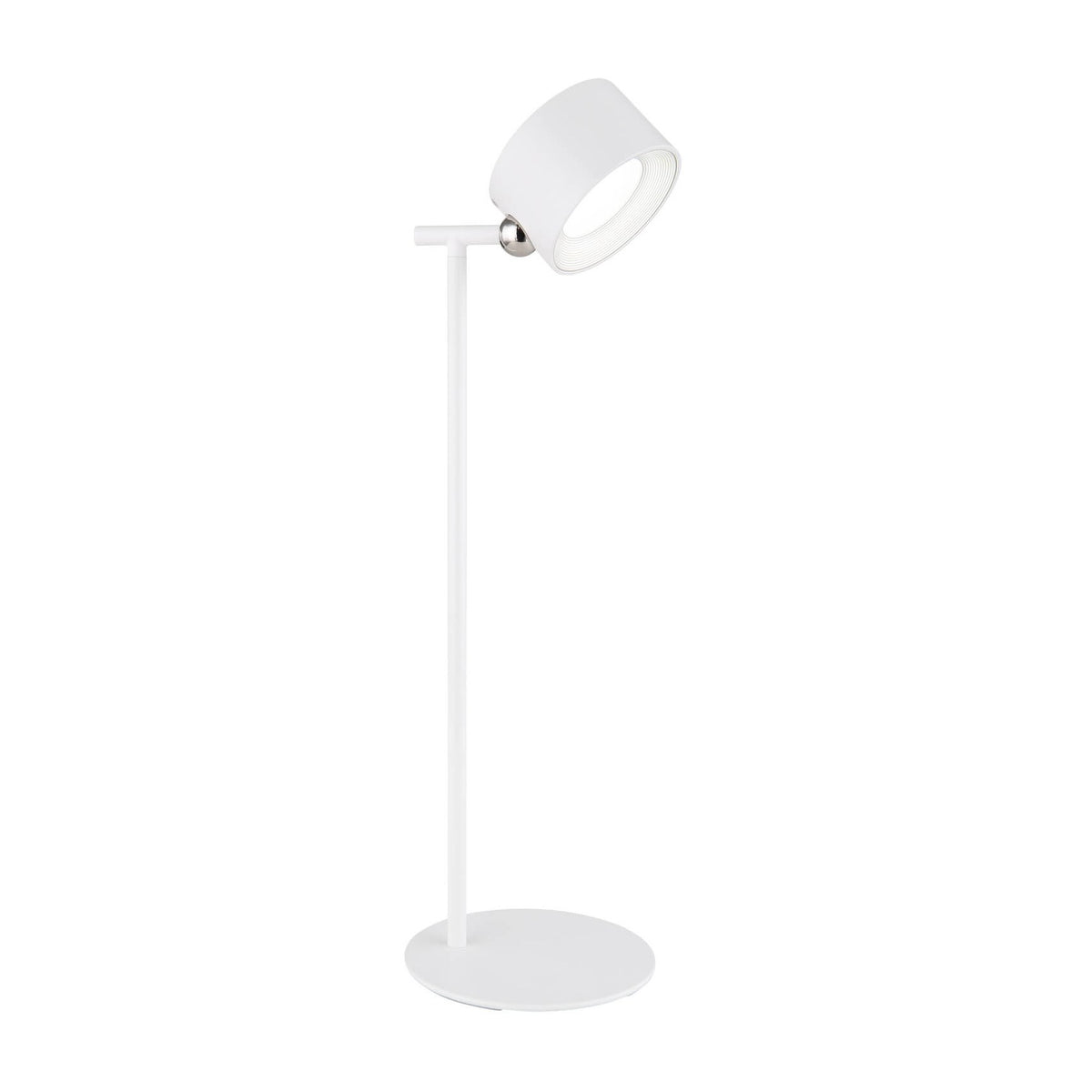 Lampe à poser blanche mat, vue de face, tête cylindrique orientable et base ronde.