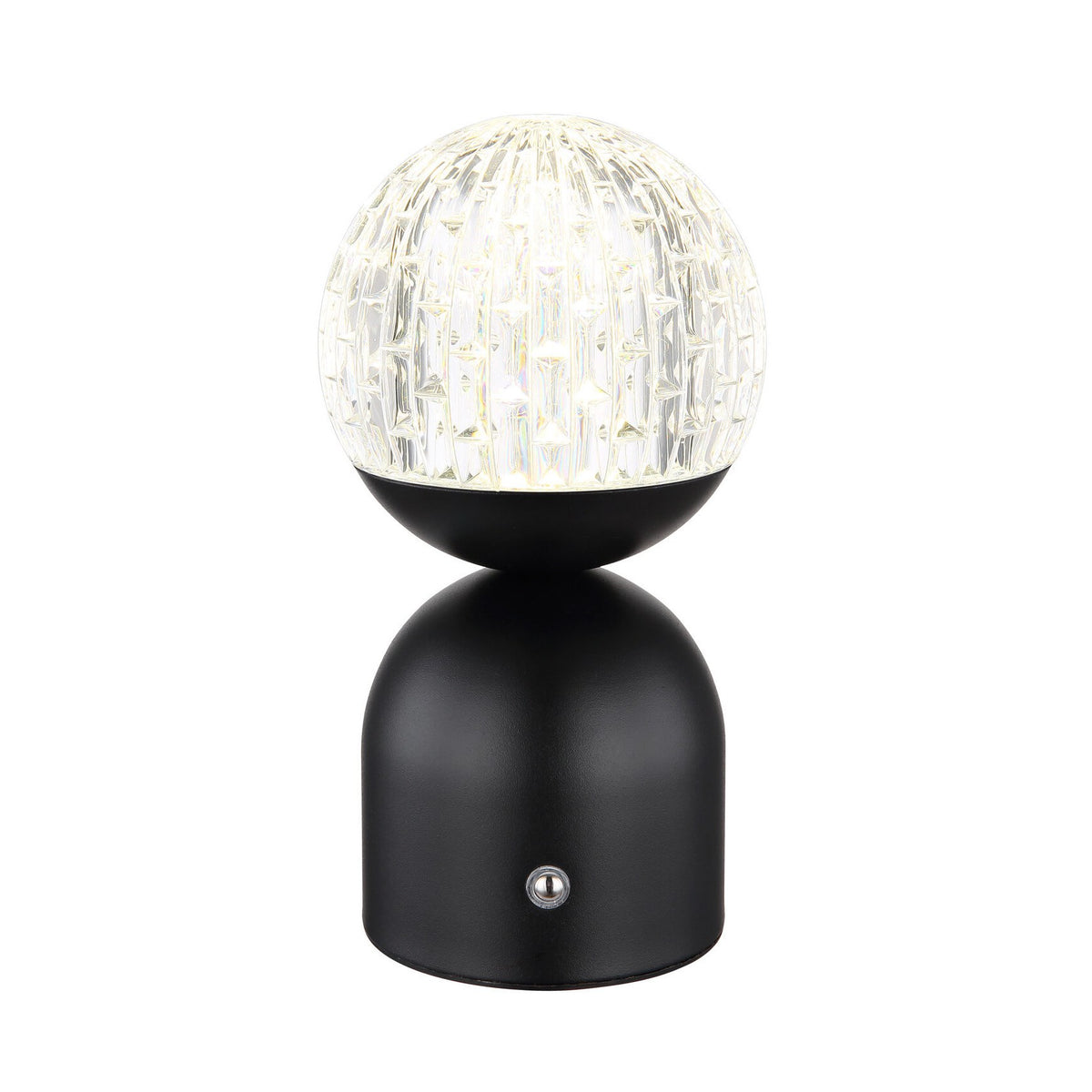 Lampe à poser noire mat vue de face, sphère en verre strié allumée