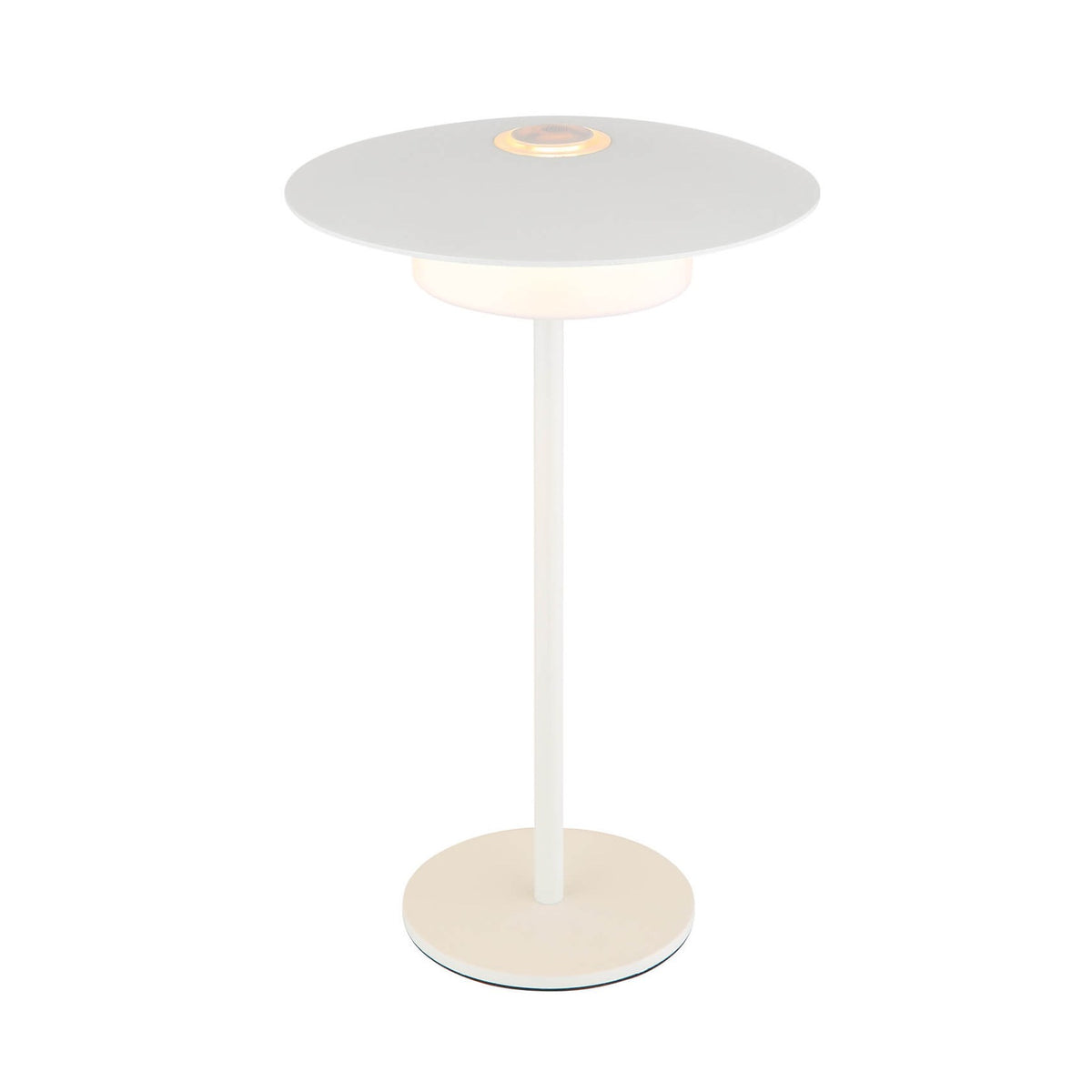 Lampe blanche mate de face sur fond blanc, abat-jour rond et socle plat.