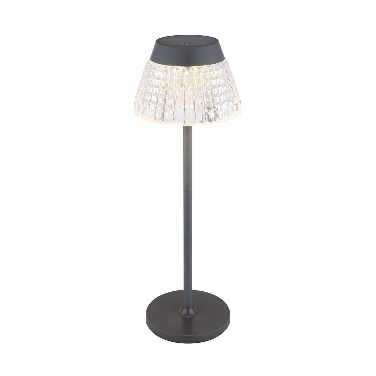Lampe à poser anthracite, abat-jour transparent texturé, vue de face sur fond blanc.