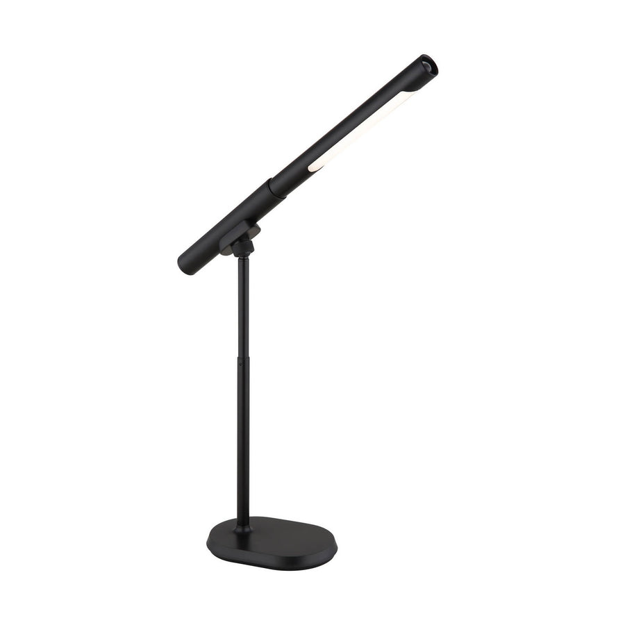 Lampe de bureau noire mat de face, tête tube inclinée sur pied fin