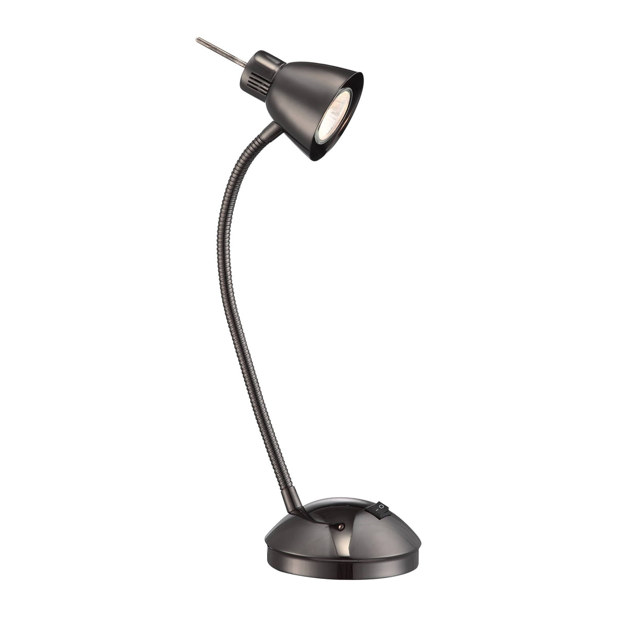 Lampe de bureau noire entière sur fond blanc, bras flexible et tête orientable