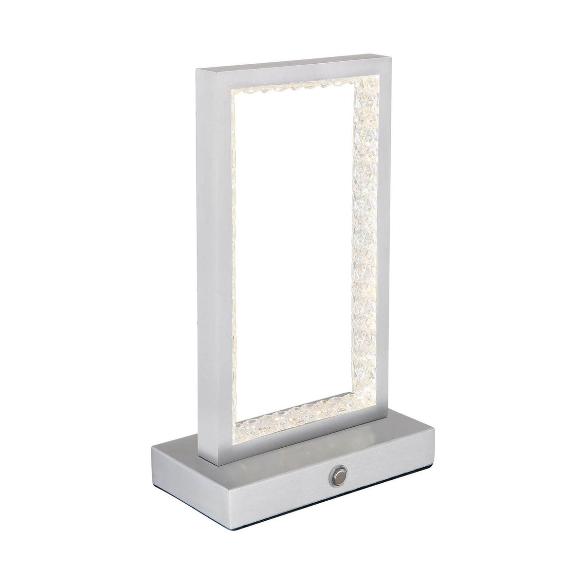 Lampe à poser aluminium vue de trois quarts, cadre rectangulaire et socle avec bouton