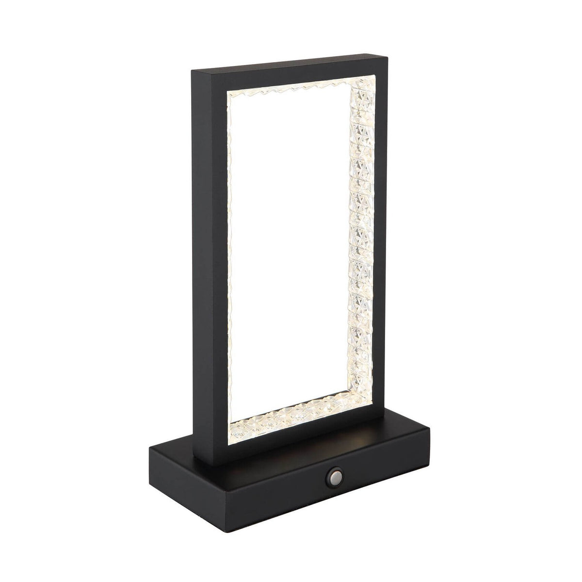 Lampe à poser noire mat de face, cadre rectangulaire et bordure en verre texturé.