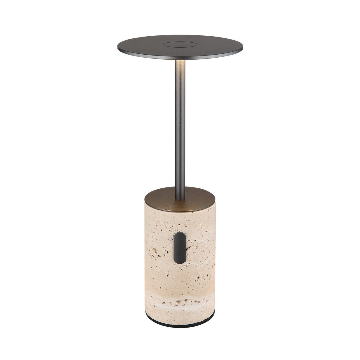 Lampe à poser sur fond blanc, vue de face avec base cylindrique en travertin.