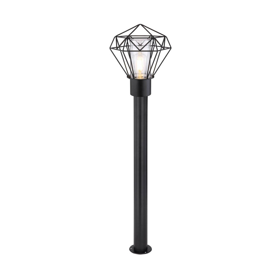 Lampadaire extérieur noir complet, tête géométrique en cage et verre cylindrique transparent
