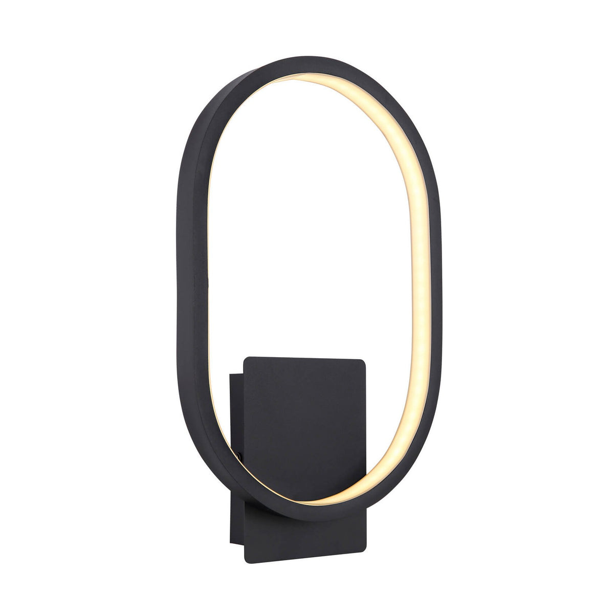 Vue de face du luminaire mural ovale noir avec éclairage LED intégré allumé
