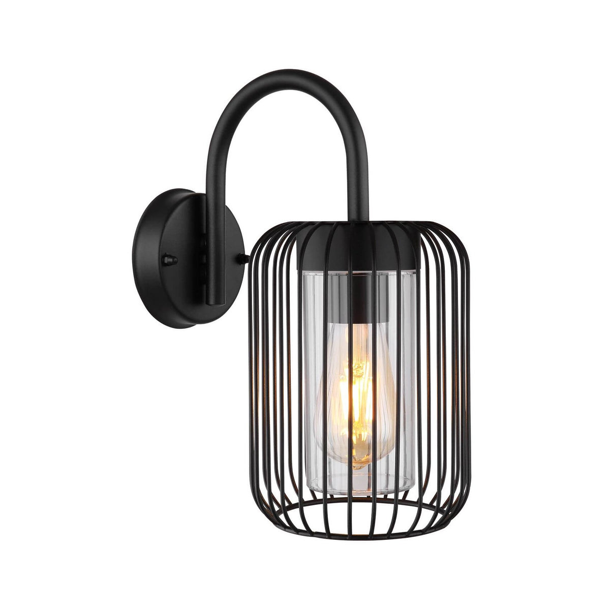 Luminaire extérieur mural noir avec cage cylindrique et ampoule visible sur fond blanc.
