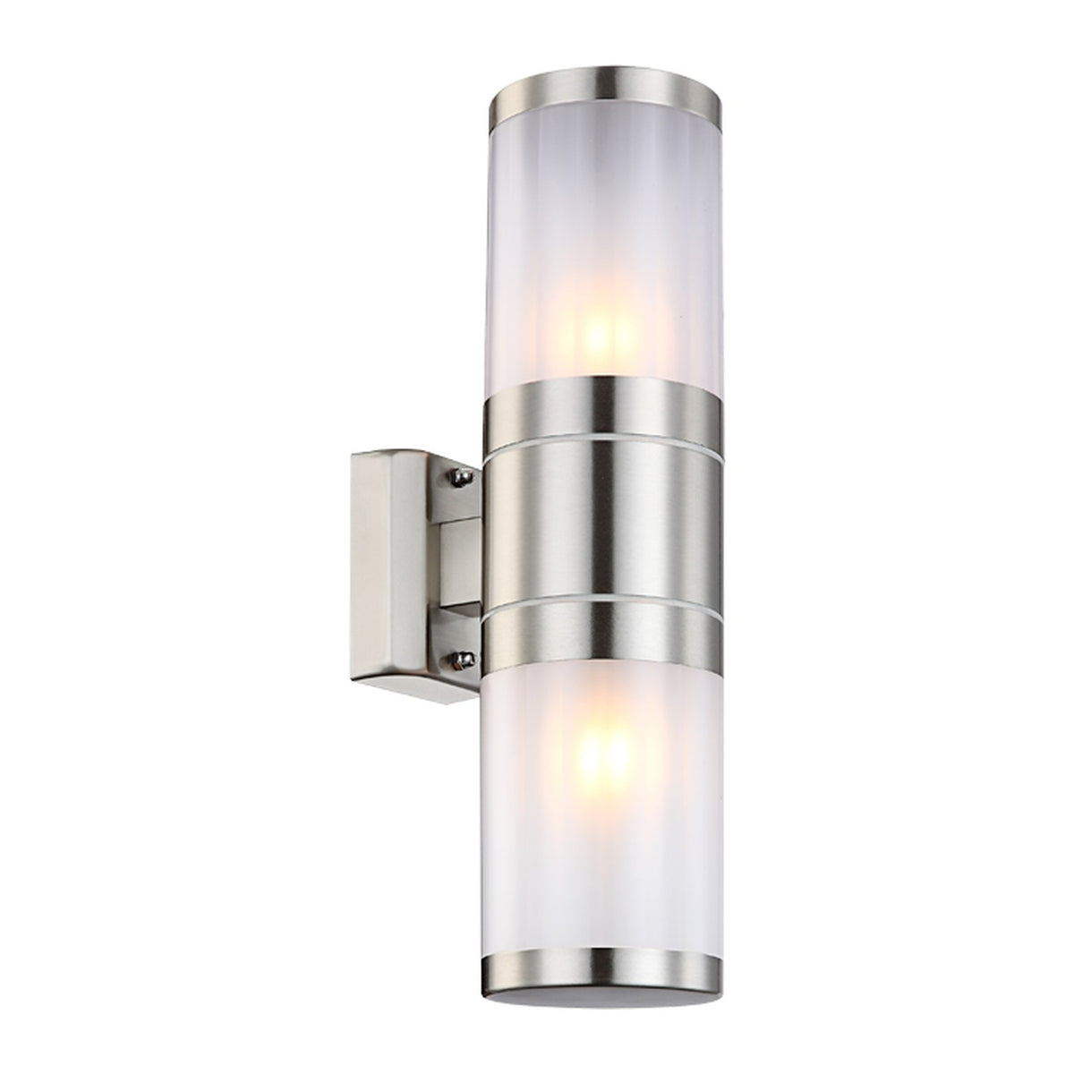 Applique extérieure double cylindre en inox avec verre dépoli, allumée, vue de face