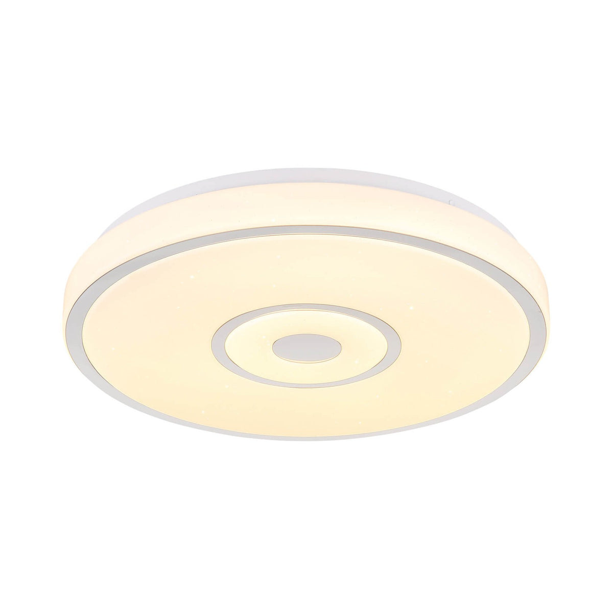 Plafonnier rond blanc allumé, vu de face sur fond blanc