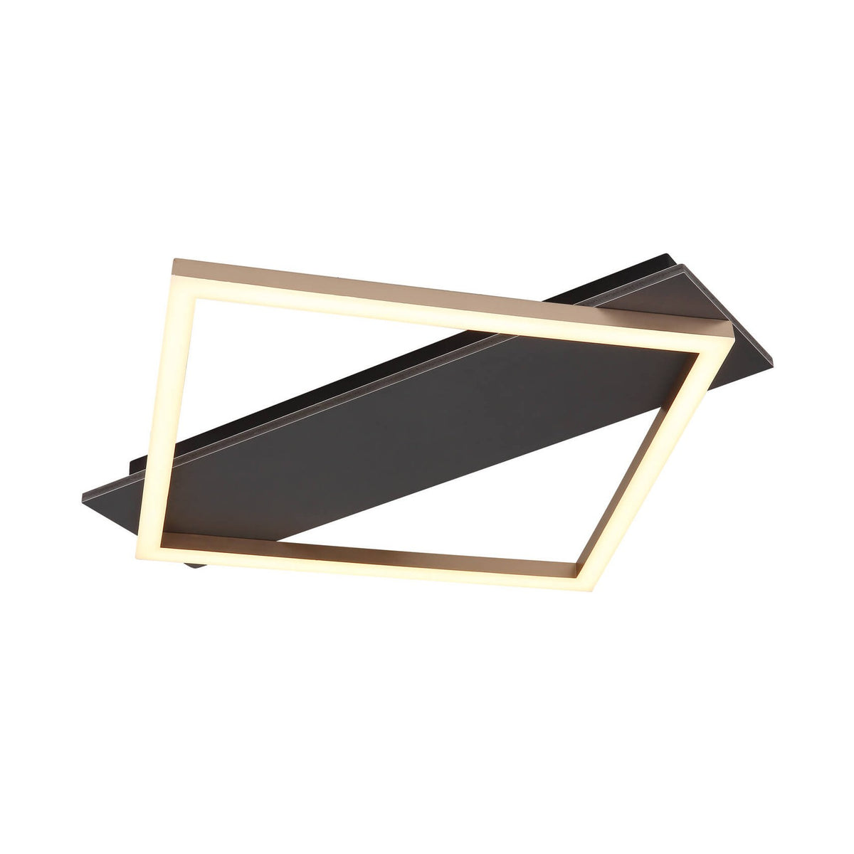 Plafonnier carré en métal noir mat avec cadre lumineux LED, vue de trois quarts.
