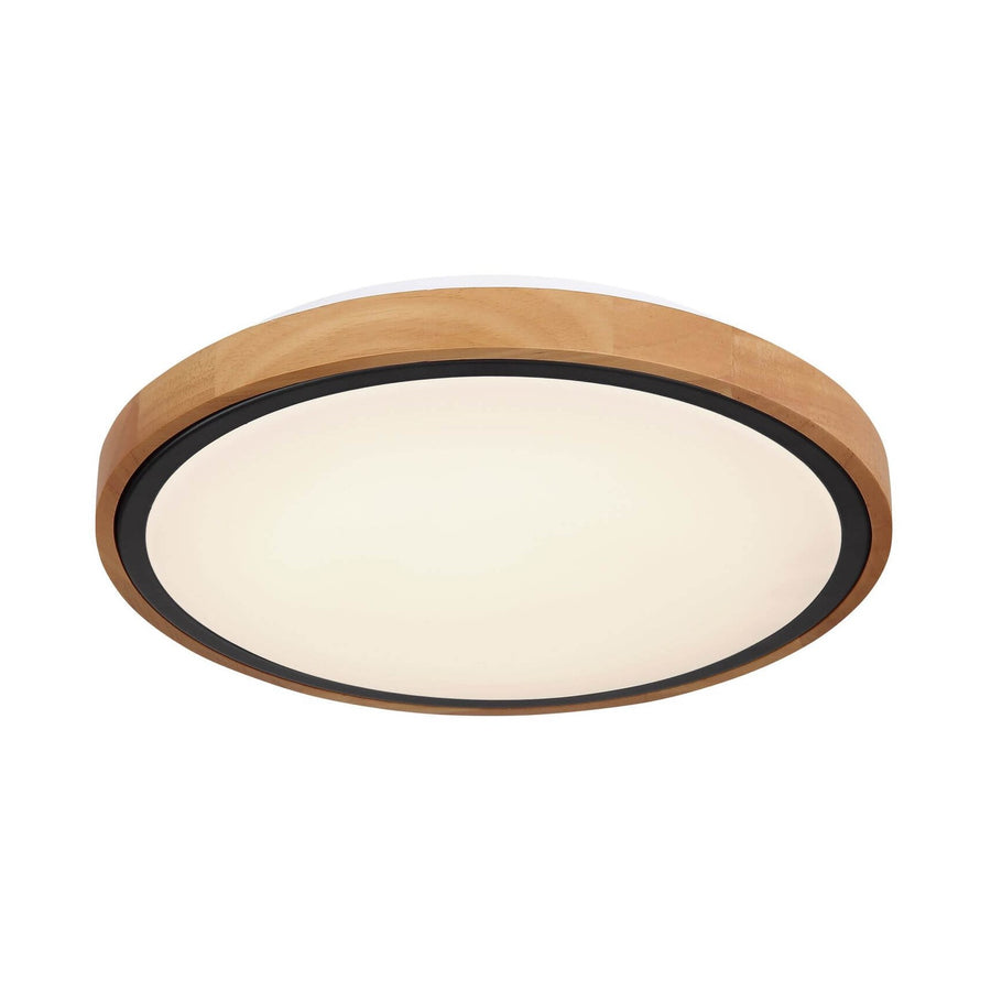 Plafonnier rond en bois clair et noir, vue de trois quarts face sur fond blanc