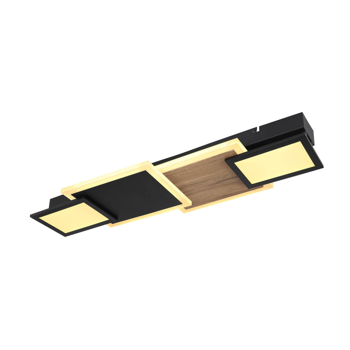 Plafonnier rectangulaire noir et bois, éclairage LED chaud, vue de dessous sur fond blanc.