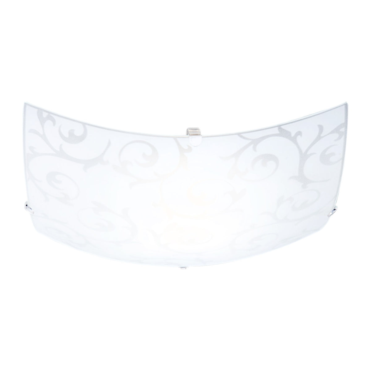 Vue de trois quarts du plafonnier blanc au verre dépoli et motif floral