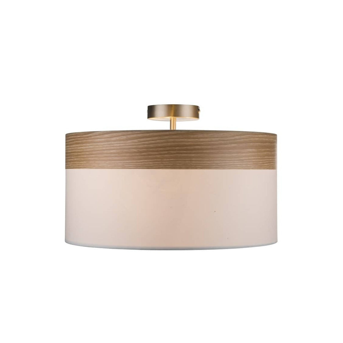 Vue de face du plafonnier cylindrique, bandeau bois clair et abat-jour crème