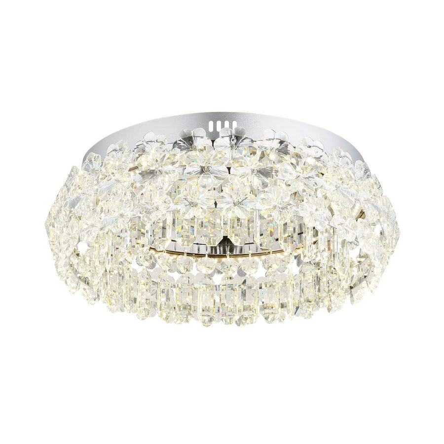 Plafonnier rond en cristal vu de face, monture chromée et fleurs de cristal sur fond blanc.