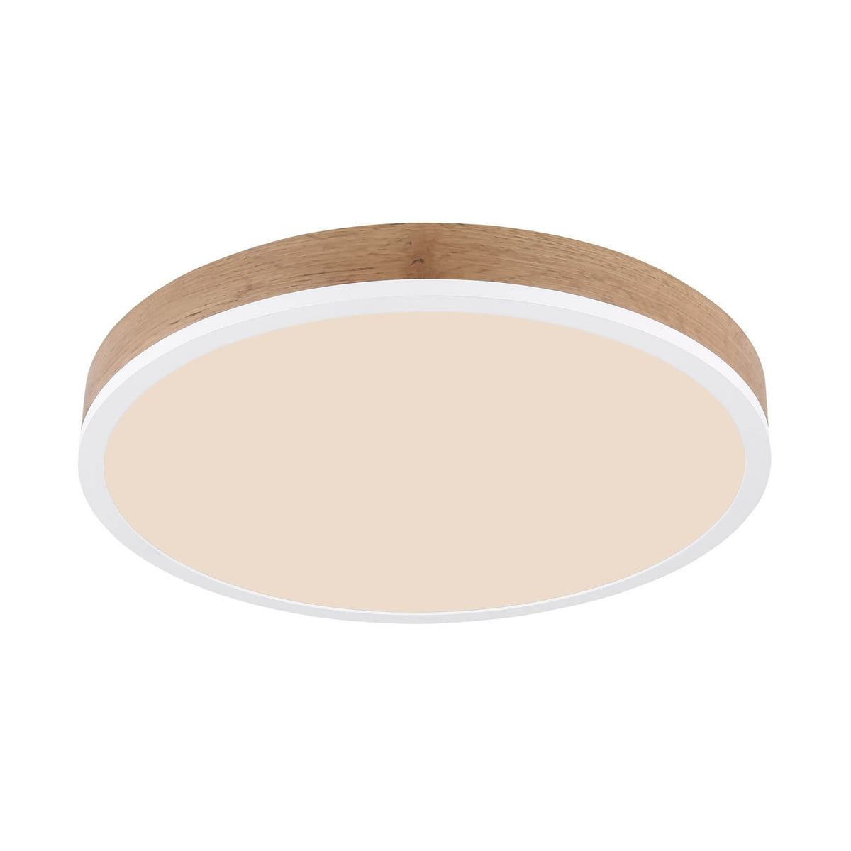 Plafonnier rond en bois clair et diffuseur beige, vu de trois quarts sur fond blanc