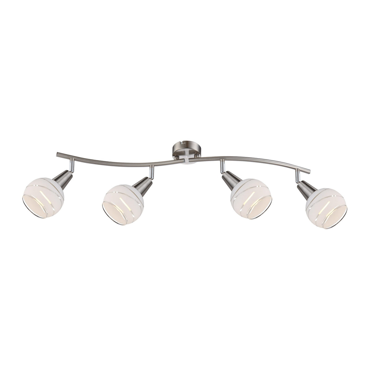 Plafonnier quatre spots orientables nickel satiné et diffuseurs blancs, vue de face.