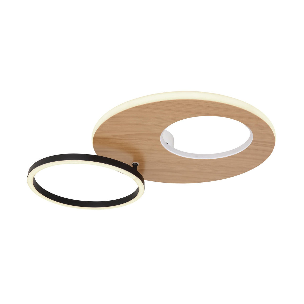 Vue de trois quarts du plafonnier sur fond blanc, anneau en bois et cercle noir