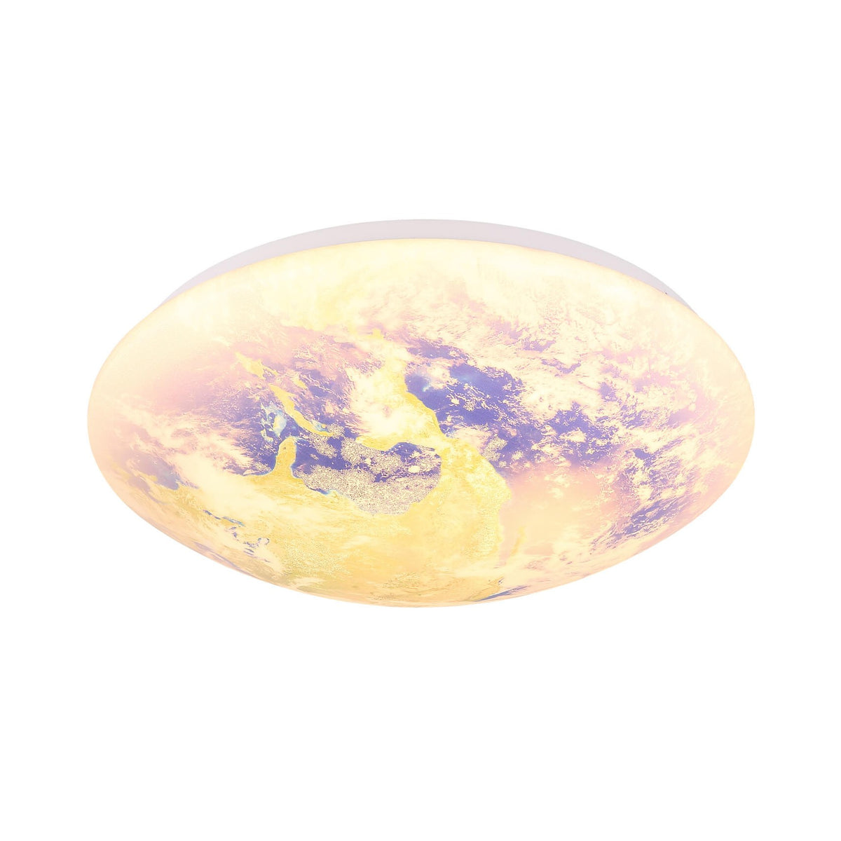 Plafonnier ovale allumé, motif nuageux orangé et violacé, vu de trois quarts