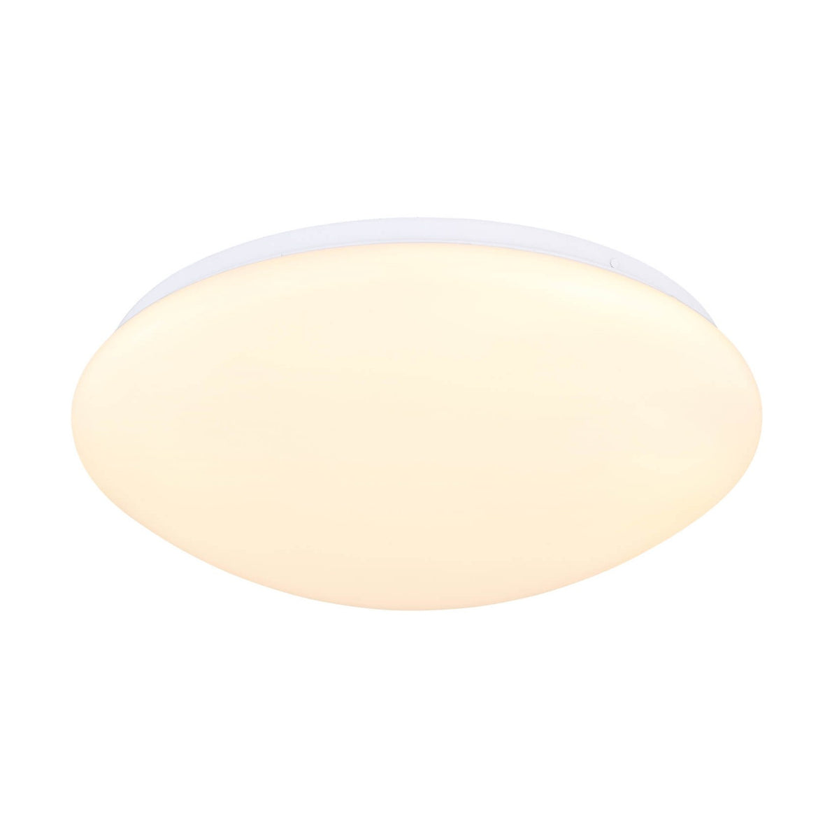 Plafonnier rond blanc allumé, diffuseur opale vu de face sur fond neutre