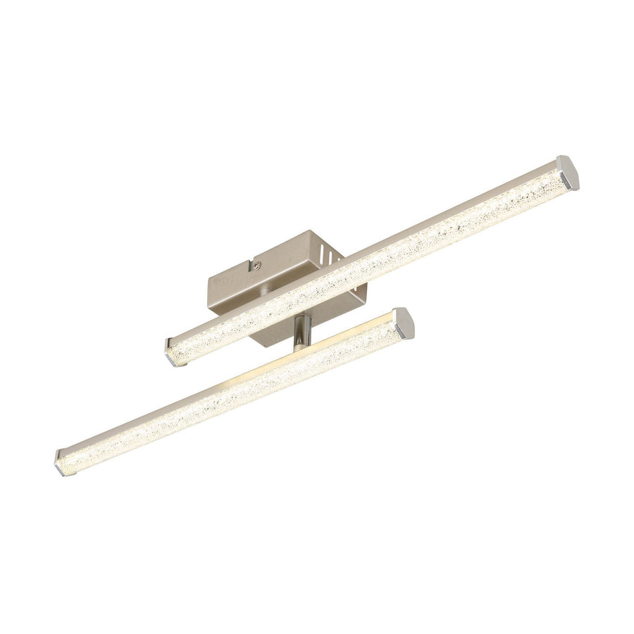 Plafonnier deux barres LED nickel satiné, vue de trois quarts sur fond blanc