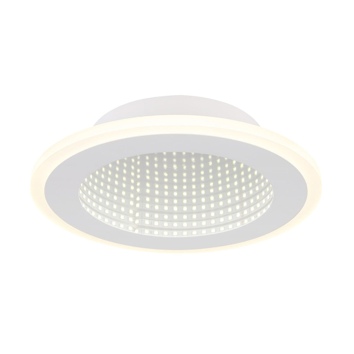 Plafonnier rond blanc mat vu de face, diodes LED visibles et anneau lumineux périphérique