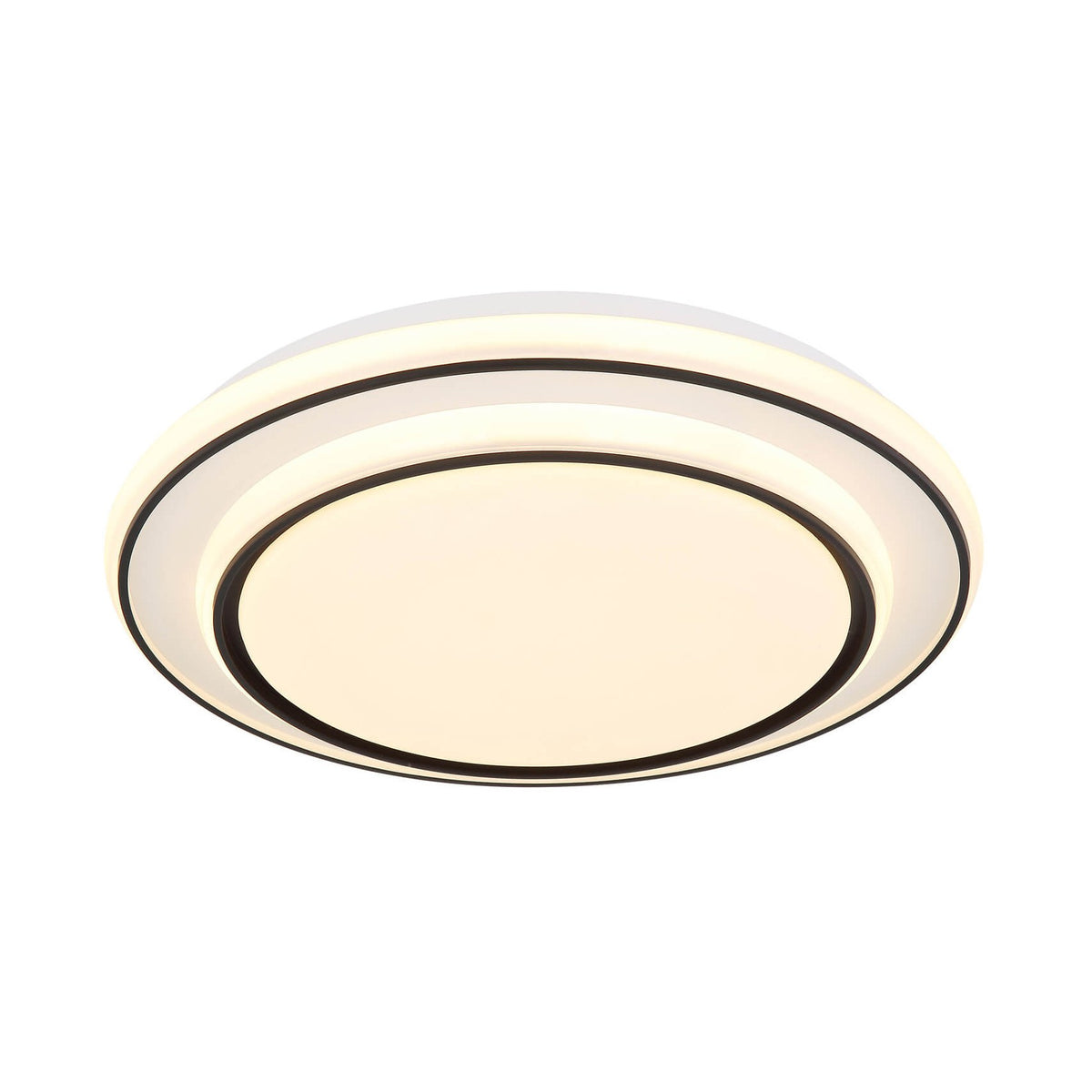 Plafonnier rond blanc mat allumé, vu de dessous, avec deux anneaux noirs concentriques