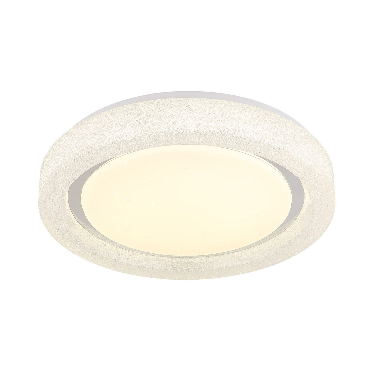 Plafonnier rond blanc vu de face, éteint, avec diffuseur central opale.