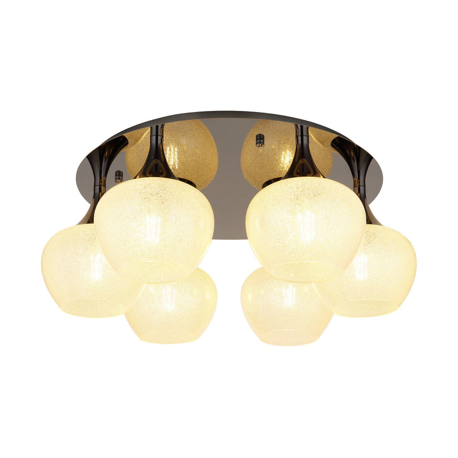 Plafonnier noir à six globes de verre moucheté, vue de face sur fond blanc